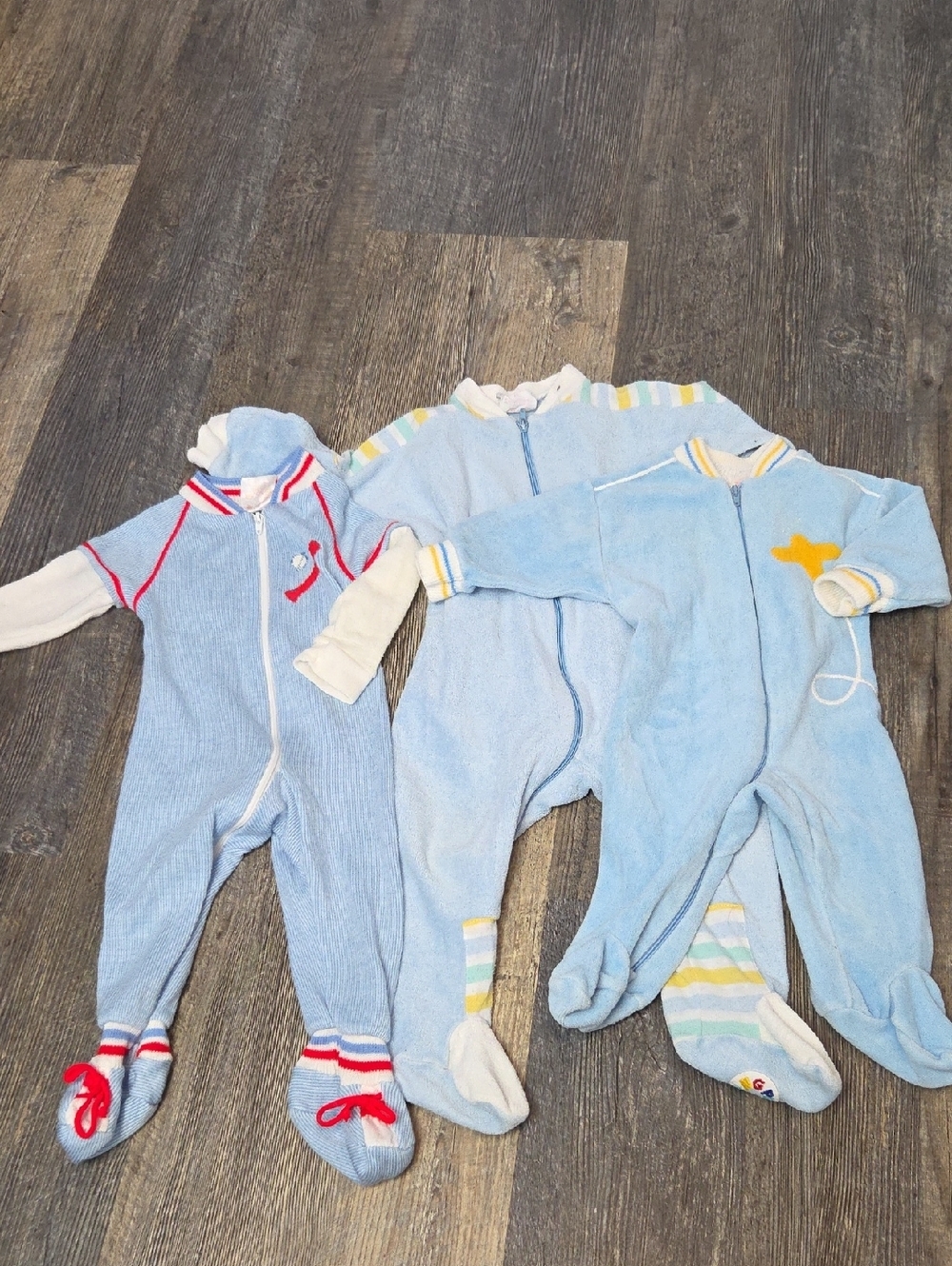 Vintage Blue Baby Footed One-Piece Rompers - Light Blue Set of 3